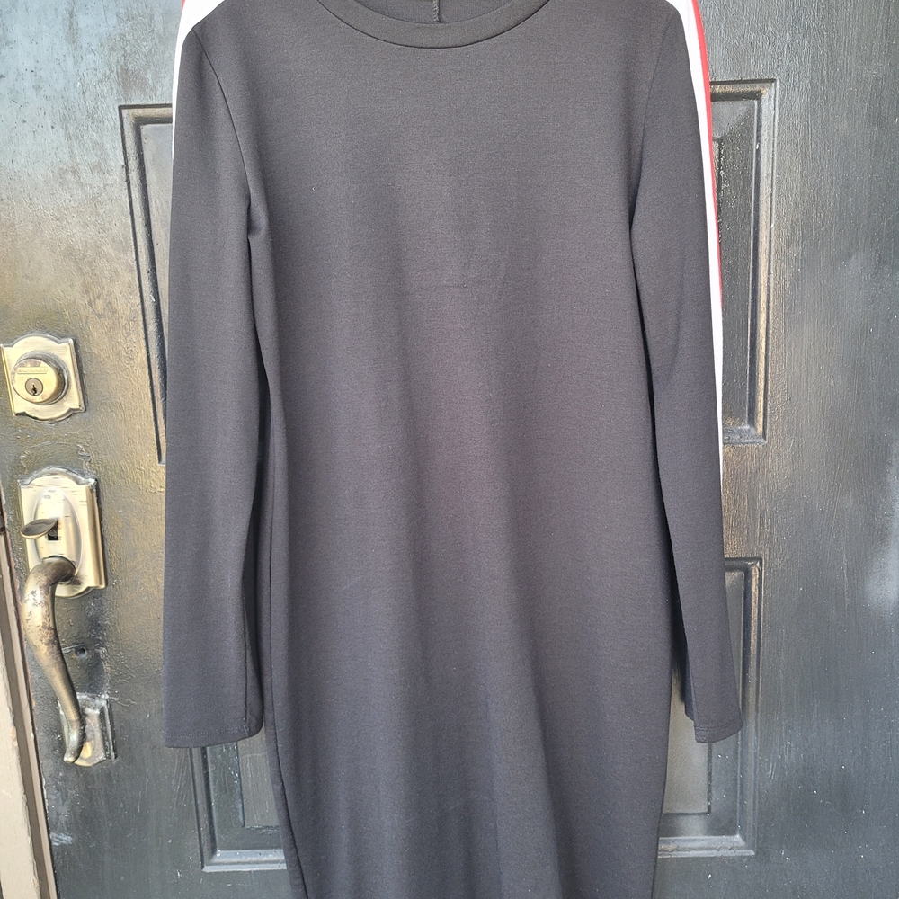 Zara Black Long Sleeve Shift Dress with Red and White Side Stripes